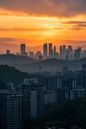 City skyscrapers and distant mountain landscapes at sunsetの素材