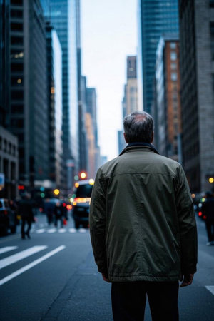 An old man stands with his back to the camera on a city streetの素材
