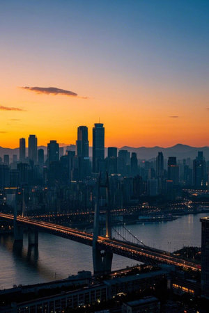 City sunset view of bridges and high rise buildingsの素材