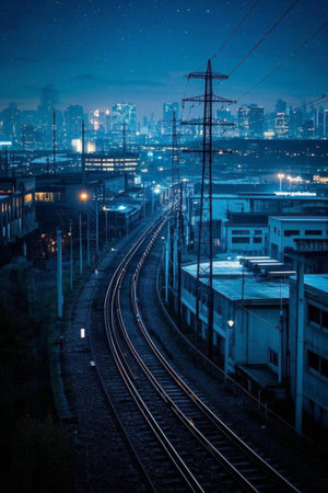 City rail track scenery at nightの素材