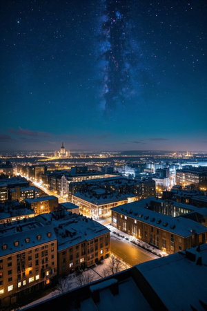 A bird's eye view of the city night sky after the snowの素材