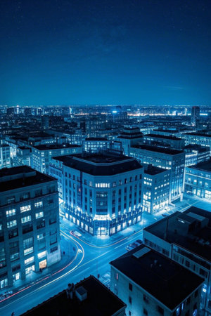 A view of the city buildings at nightの素材