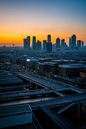 City dusk high rise buildings and overpass landscapeの素材