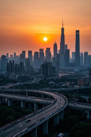 Shanghai city and viaduct landscape at sunsetの素材