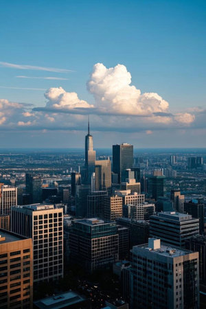 City skyscrapers and white clouds in the skyの素材