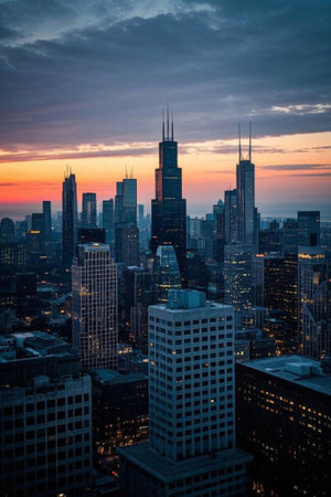 Panoramic sunset view of the city's high rise buildingsの素材