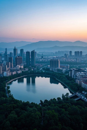 Panoramic view of urban lakes and high rise buildingsの素材