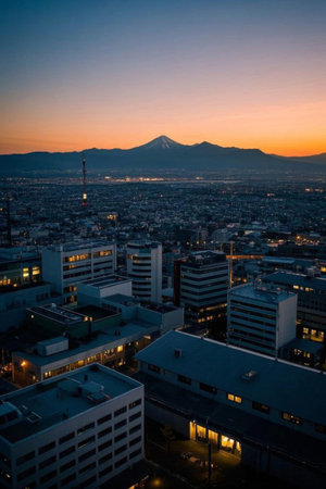 City night view and distant snow capped mountain landscapeの素材