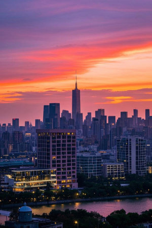 High rise view at sunset in the cityの素材