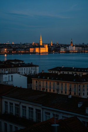 European cities riverside architecture twilight landscapeの素材