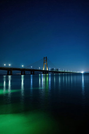 Cross sea bridge and water reflection landscape at nightの素材