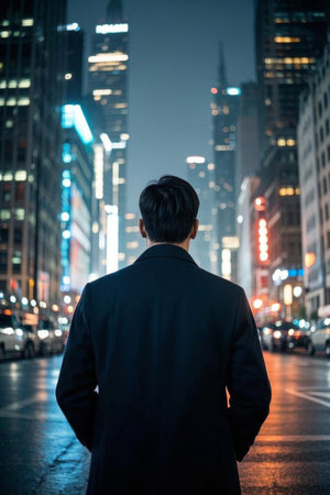 Men on the street turn their backs to city skyscrapers at nightの素材