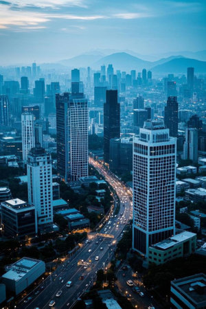 Overlooking the city's skyscrapers and street trafficの素材
