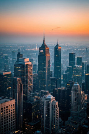 City skyscraper landscape at duskの素材