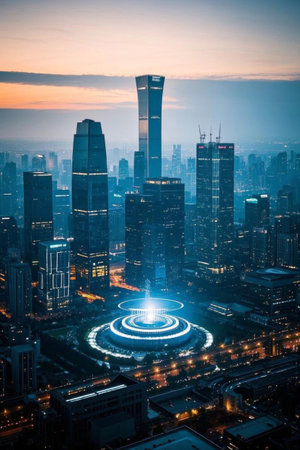 Night view of city skyscrapers and central circular buildingsの素材