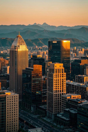 Sunset view of city skyscrapers and distant mountainsの素材