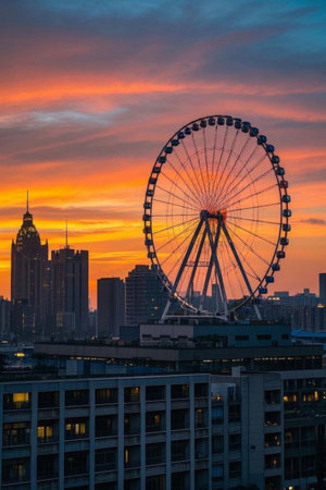Sunset view of the city's Ferris wheelの素材