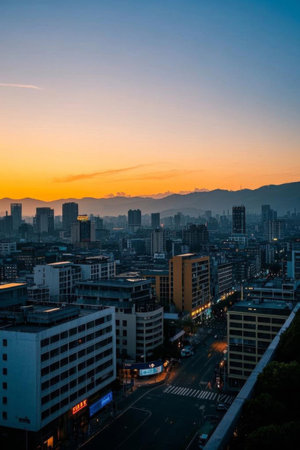 City dusk skyscrapers and street scenesの素材