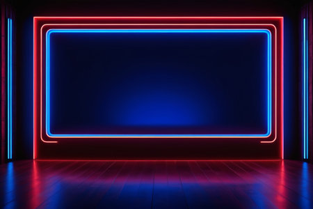 Interior scene decorated with red and blue neon lightsの素材