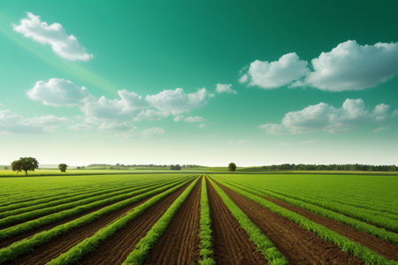 Green farmland and blue sky and white clouds sceneryの素材