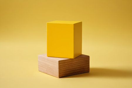 Wood and yellow cube on yellow backgroundの素材