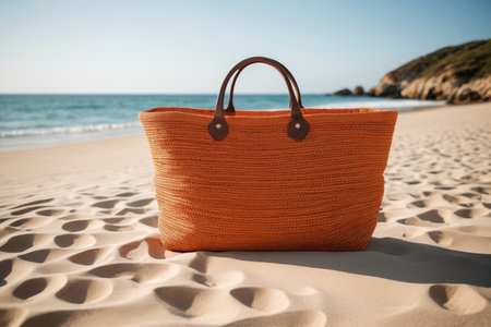 Orange woven handbag on the beachの素材