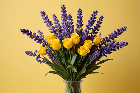 Yellow roses and lavender bouquet in a vaseの素材
