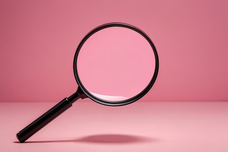 Close up of the magnifying glass against a pink backgroundの素材
