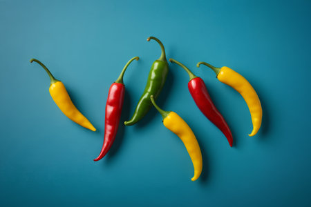Colorful peppers on a blue backgroundの素材