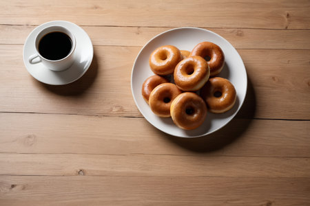 Donuts and coffee on a wooden tableの素材