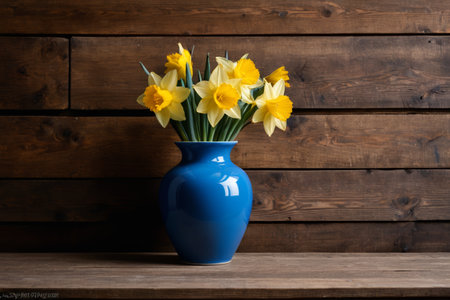 Yellow daffodil still life in a blue vaseの素材