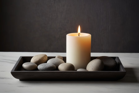 Burning candles and pebbles on a trayの素材