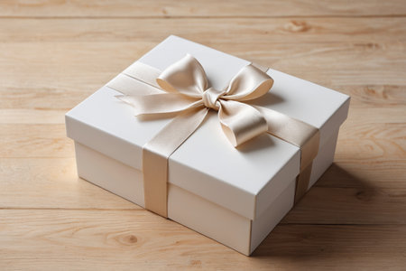 White gift box on wooden tabletopの素材