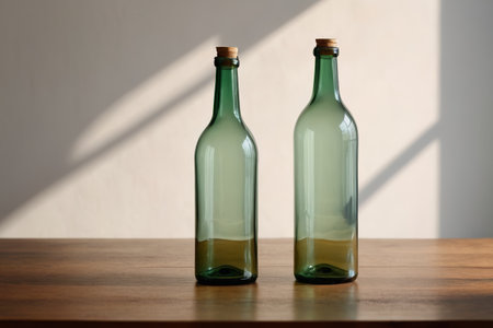 Green glass bottle on wooden tableの素材