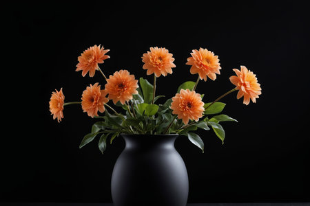 Orange flowers in a black vaseの素材
