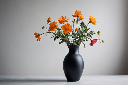 Orange flowers in a black vaseの素材