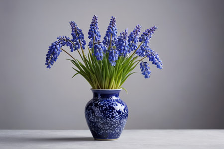 Blue purple flowers in a blue and white porcelain vaseの素材