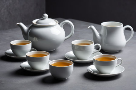 White tea set and tea in teacupsの素材
