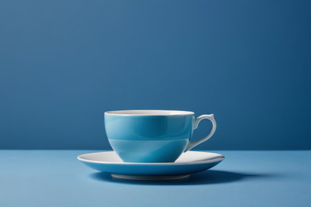 Coffee cups and trays on blue backgroundの素材