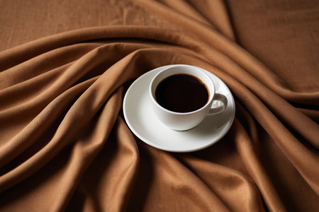A cup of coffee on brown fabricの素材