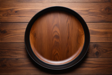 Black disc on wooden tabletopの素材