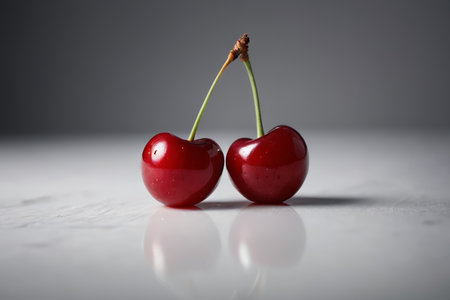 Close up of two connected red cherriesの素材