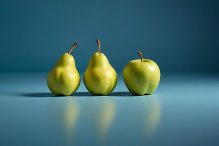 Pears and apples in front of a blue backgroundの素材