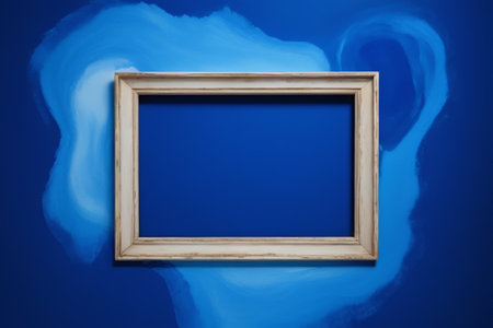 Wooden picture frame on blue backgroundの素材