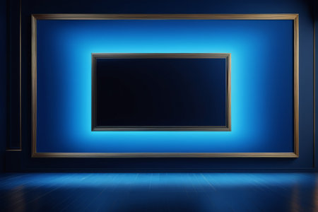 Blue background with gold border frame sceneの素材