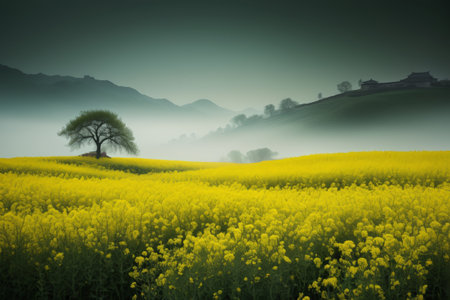 A sea of rapeseed flowers blooming in the fieldsの素材