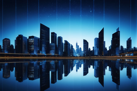 City night view of high rise buildings reflecting on the waterの素材
