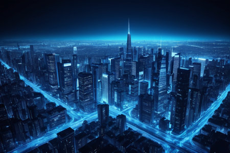 Aerial view of the futuristic city at nightの素材