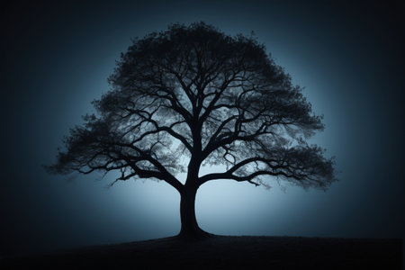 Silhouette of a large independent tree in the dark nightの素材