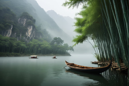 Small boat moored beside bamboo in the mountains and riversの素材